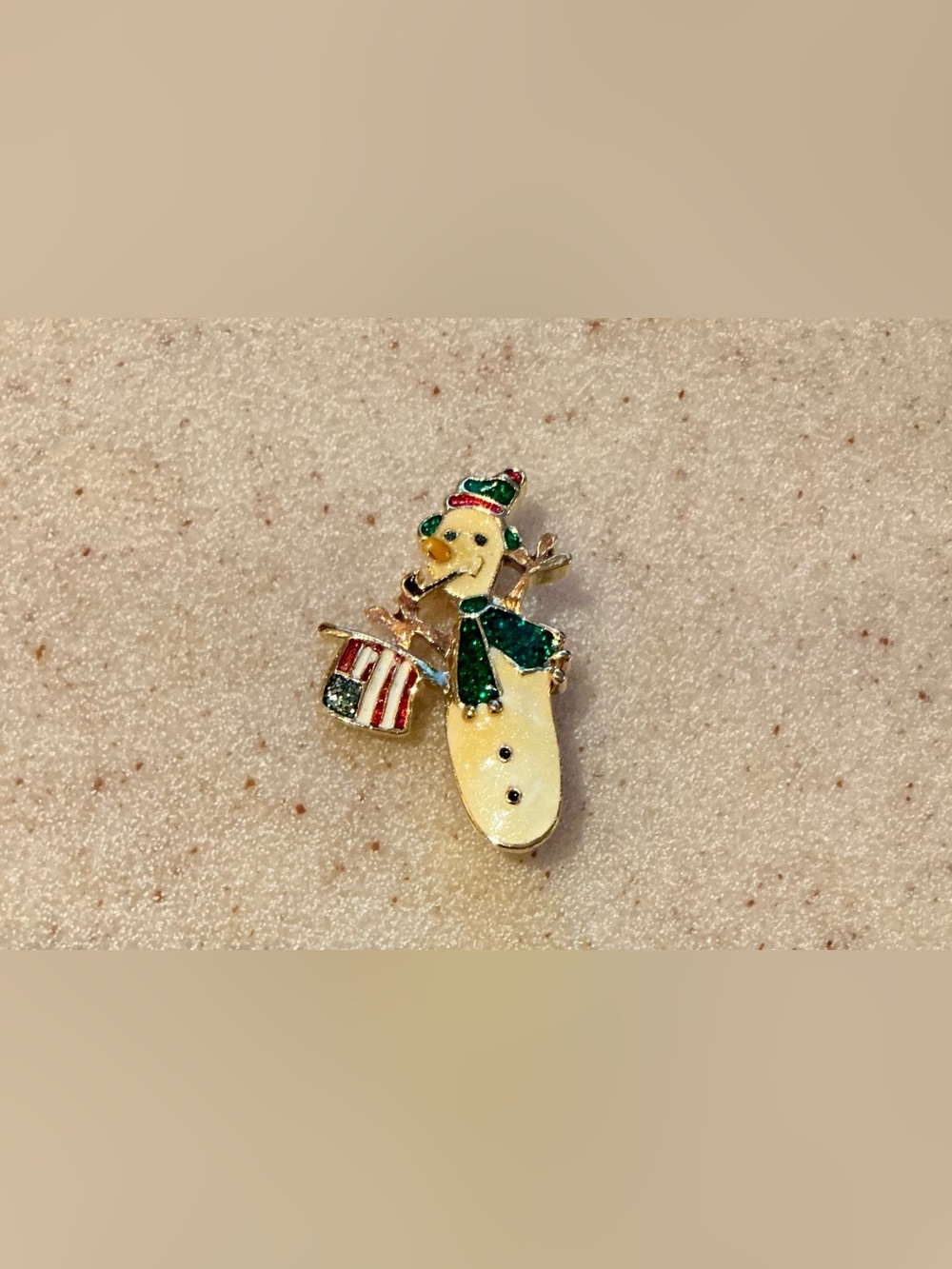 Festive Snowman Brooch with Green Scarf and American Flag